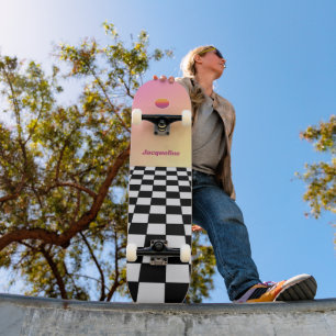 Retro Sunset Gradient Checkerboard Persoonlijk Skateboard