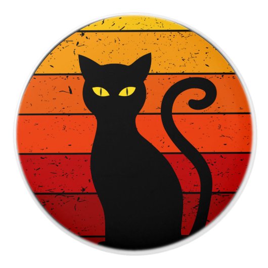  Retro Sunset Halloween Black Cat I Keramische Knop (Voorkant)