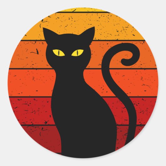 Retro Sunset Halloween Black Cat I Ronde Sticker (Voorkant)