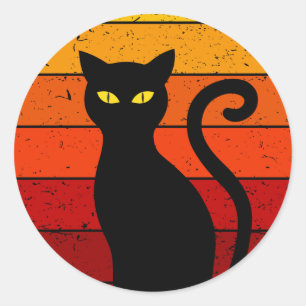  Retro Sunset Halloween Black Cat I Ronde Sticker