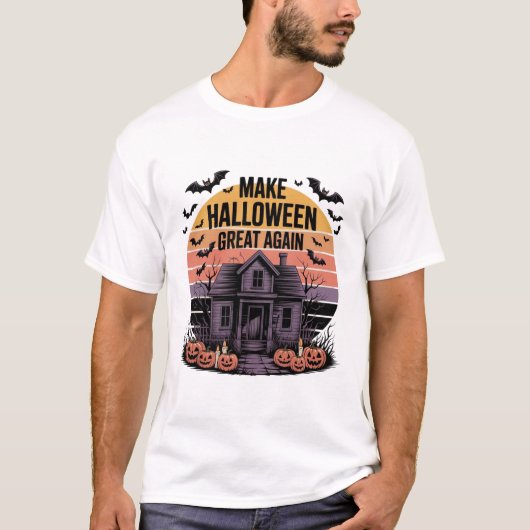 Retro Sunset Halloween kunstwerk - Creepy Haunted T-shirt (Voorkant)