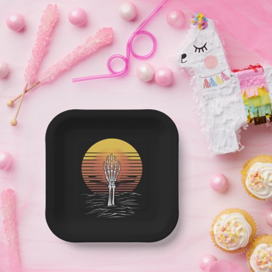  Retro Sunset Halloween Zombie Hand Scary Papieren Bordje (Feest)