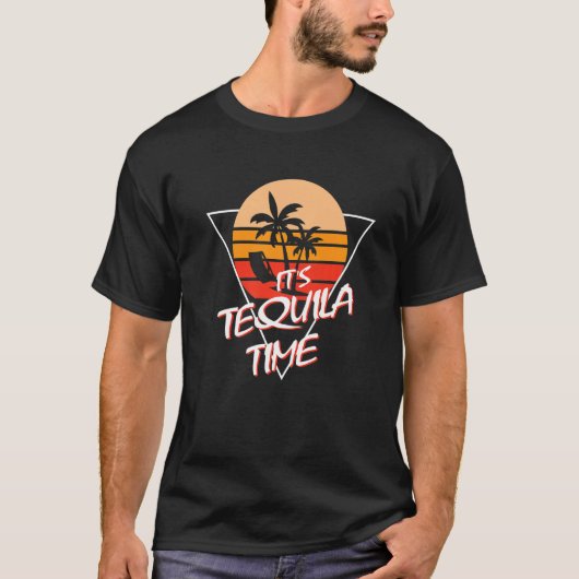 Retro Sunset Het is Tequila Time Funny Drink Premi T-shirt (Voorkant)