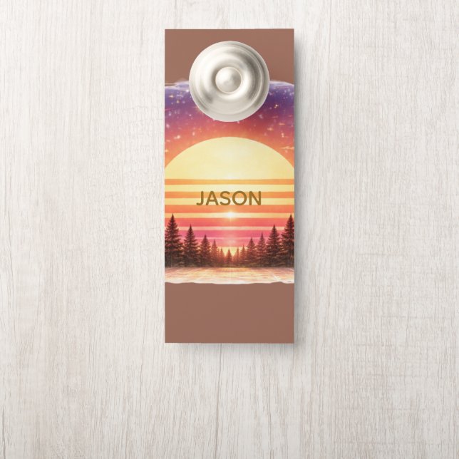 Retro Sunset in Forest Custom Family Name Deurhanger (Op knop)