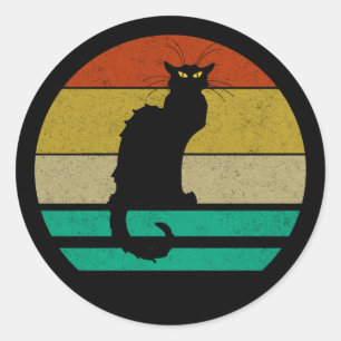  Retro Sunset Le Chat Noir Black Cat Ronde Sticker