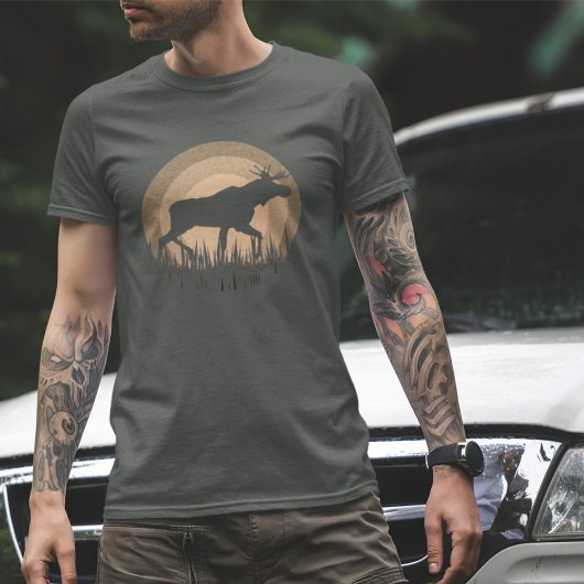 Retro Sunset Moose Silhouet Natuur Perzik Grijs T-shirt