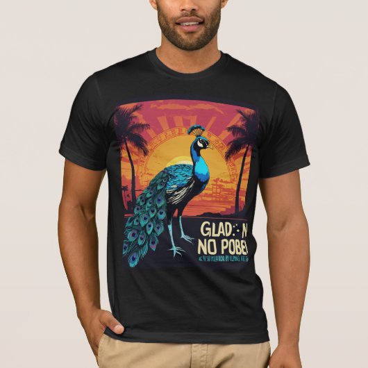 Retro Sunset Peacock T-shirt - "GLAD, GEEN PROBLE (Voorkant)