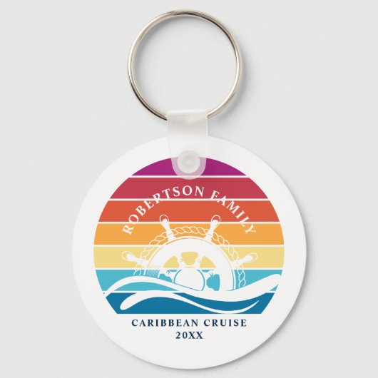 Retro Sunset Ship Wheel Familie Cruise Vakantie Sleutelhanger (Voorkant)