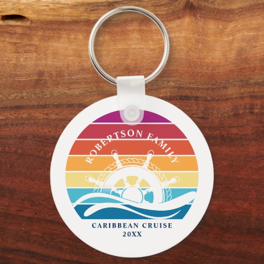 Retro Sunset Ship Wheel Familie Cruise Vakantie Sleutelhanger (Voorkant)