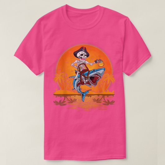 Retro Sunset Skeleton Pirate Riding Shark Hallowee T-shirt (Design voorkant)
