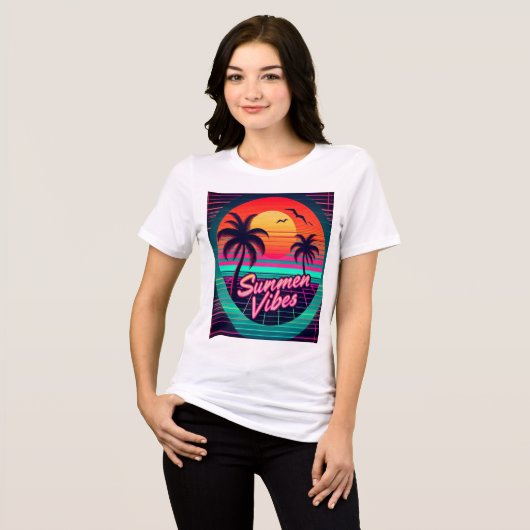 Retro Sunset 'Summer Vibes' 80s Esthetisch T-shirt (Voorkant volledig)