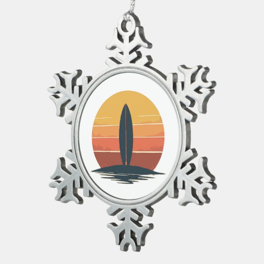 Retro Sunset Surfboard Tin Sneeuwvlok Ornament (Rechts)