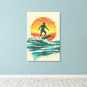 Retro Sunset Surfer – Vintage Surf Art Canvas Afdruk (Insitu (Houten vloer))