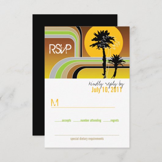 Retro Sunset Tropical Palm Trees Wedding RSVP Card (Voorkant / Achterkant)