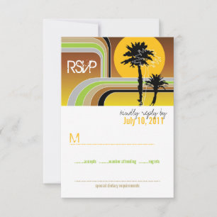 Retro Sunset Tropical Palm Trees Wedding RSVP Card Kaartje