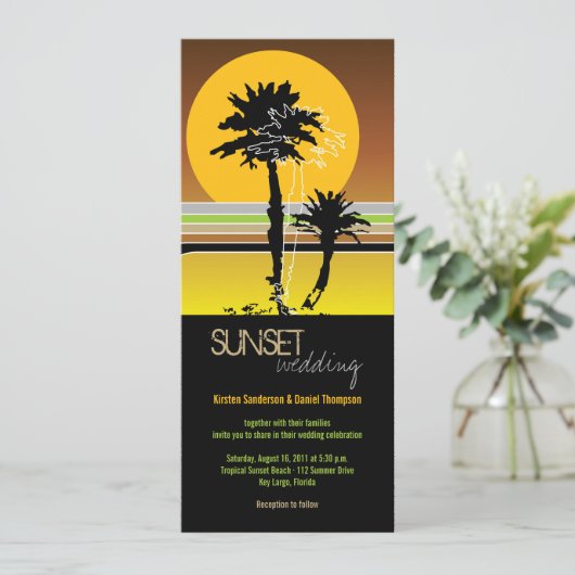 Retro Sunset Tropical Wedding Invite & Reception Kaart (Staand voorkant)