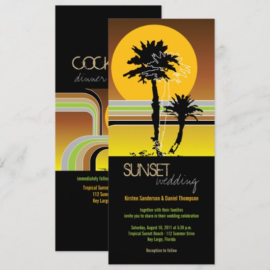 Retro Sunset Tropical Wedding Invite & Reception Kaart (Voorkant / Achterkant)