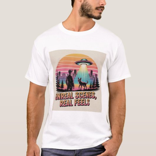 Retro Sunset UFO Abduction Dog Owner Sci-Fi Art T-shirt (Voorkant)