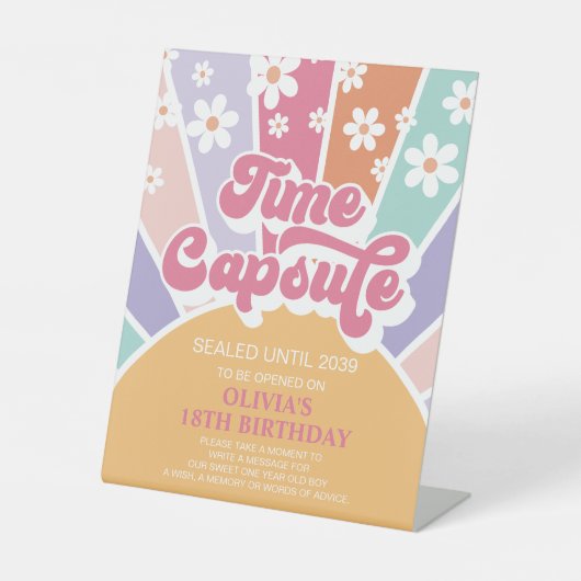 Retro Sunshine 1e Verjaardag Tijd Capsule Reclamebord Met Voetstuk (Voorkant)