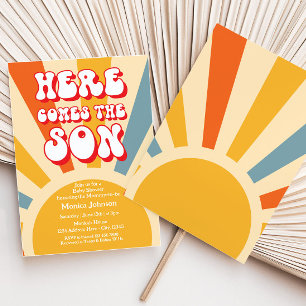 Retro Sunshine Baby shower hier komt de zoon Kaart