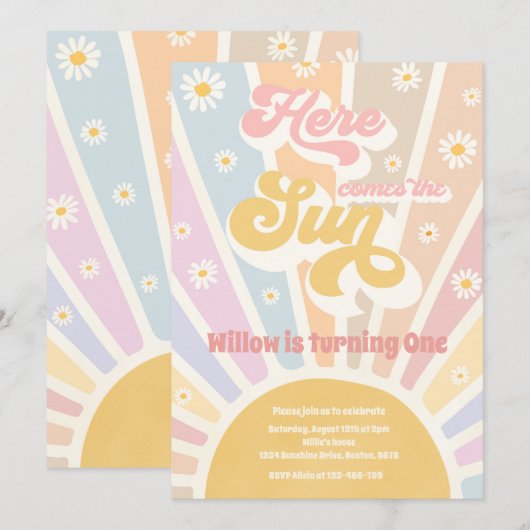 Retro Sunshine Birthday hier komt de Sun Party Kaart (Voorkant / Achterkant)