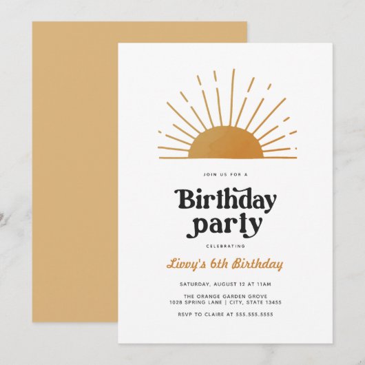 Retro Sunshine Birthday Uitnodiging (Voorkant / Achterkant)