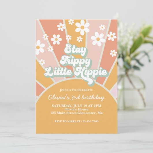 Retro Sunshine Blijf in Trippy Little Hippie flora Kaart (Staand voorkant)