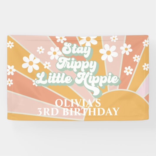 Retro Sunshine Blijf Trippy Little Hippie Birthday Spandoek (Horizontaal)