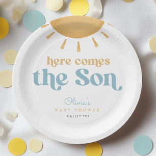 Retro Sunshine Boy Baby shower Papieren Bordje