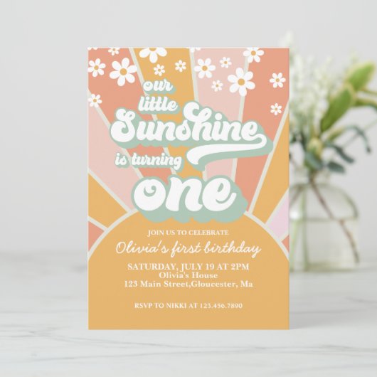 Retro Sunshine daisy boho floral first jarig Kaart (Staand voorkant)