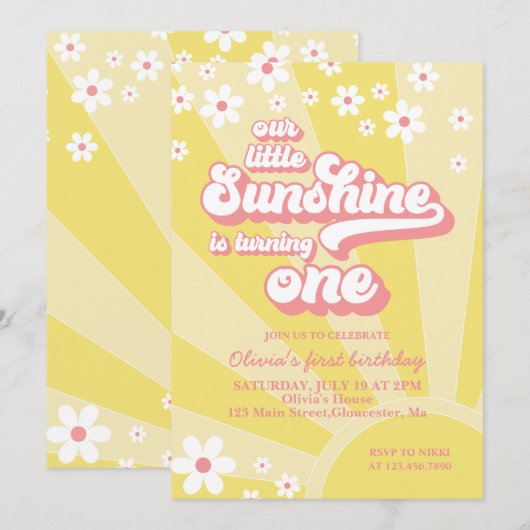 Retro Sunshine daisy boho floral first jarig Kaart (Voorkant / Achterkant)