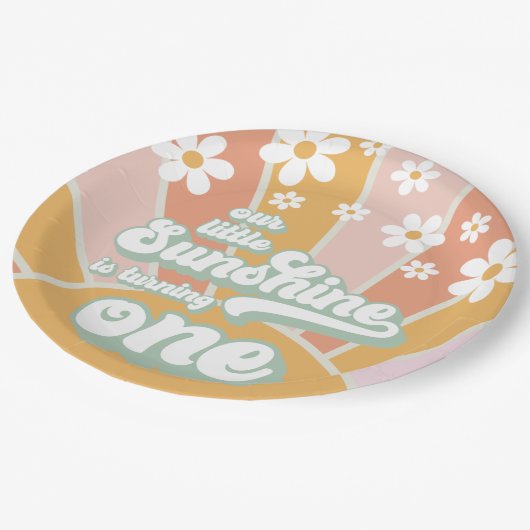 Retro Sunshine daisy boho floral first jarig Papieren Bordje (Gekanteld)