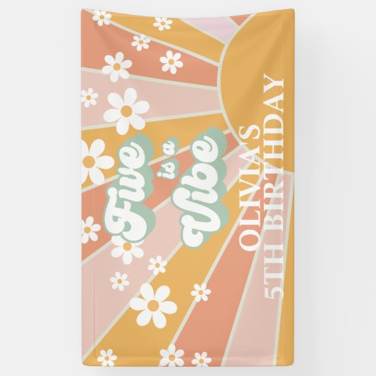 Retro Sunshine FIVE is een Vibe Daisy Birthday Spandoek (Verticaal)