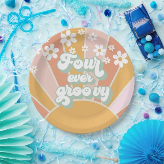 Retro Sunshine Four Ever Groovy Daisy Papieren Bordje (Feest)