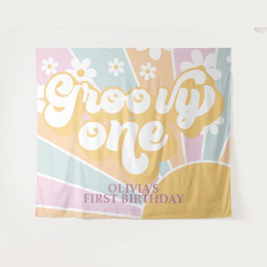 Retro Sunshine Groovy 1 pastel Daisy Birthday Ba Wandkleed (Voorkant (horizontaal))
