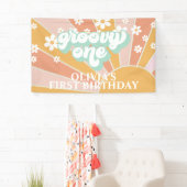 Retro Sunshine Groovy Eén Daisy Verjaardagsbanner Spandoek (Insitu)