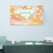Retro Sunshine Groovy Eén Daisy Verjaardagsbanner Spandoek (Beurs)