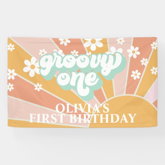 Retro Sunshine Groovy Eén Daisy Verjaardagsbanner Spandoek (Horizontaal)
