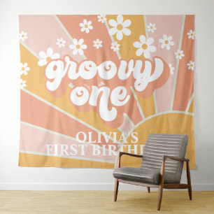 Retro Sunshine Groovy Eén Daisy Verjaardagsbanner  Wandkleed