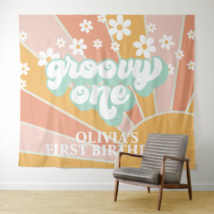 Retro Sunshine Groovy Eén Daisy Verjaardagsbanner Wandkleed