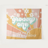 Retro Sunshine Groovy One Daisy Verjaardagsbanner Wandkleed (Voorkant (horizontaal))