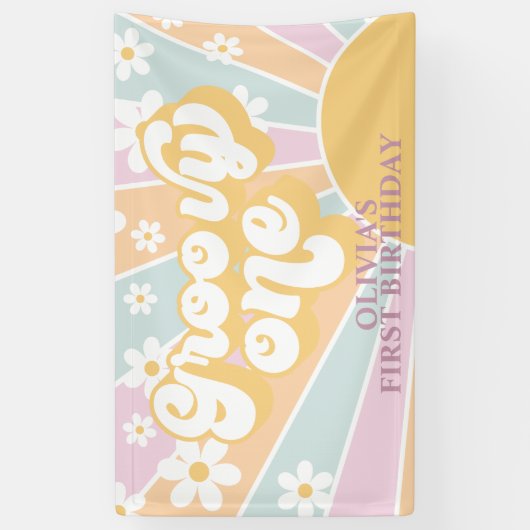 Retro Sunshine Groovy One pastel Daisy Birthday Spandoek (Verticaal)