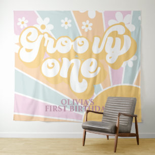 Retro Sunshine Groovy One Pastel Madelief Verjaard Wandkleed