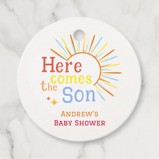 Retro Sunshine hier komt het Son Baby shower Bedankjes Labels (Voorkant)