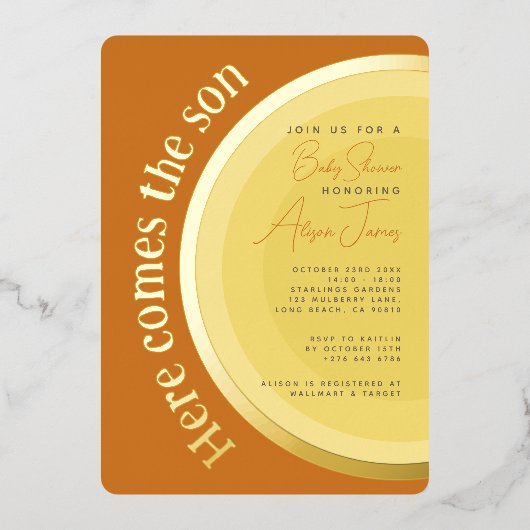 Retro Sunshine Hier komt het Son Baby shower Folie Uitnodiging (Voorkant)