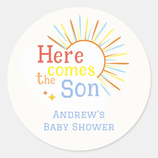 Retro Sunshine hier komt het Son Baby shower Ronde Sticker (Voorkant)