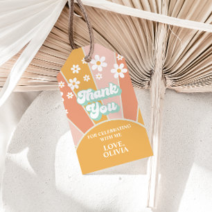 Retro Sunshine madeliefje twee groovy verjaardagsf Cadeaulabel