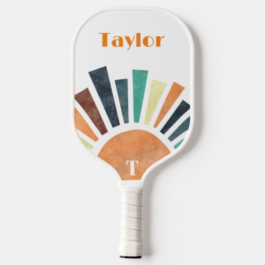 Retro Sunshine Oranje White Green Modern Monogram Pickleball Paddle (Achterkant)