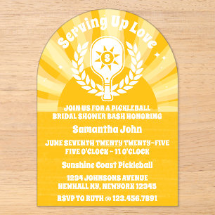 Retro Sunshine Pickleball Bruidsfeest Acryl Uitnodigingen