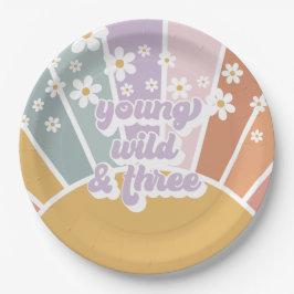Retro Sunshine Rainbow Daisy 3e verjaardag Papieren Bordje